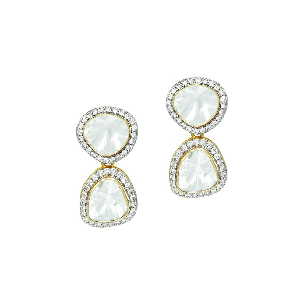Double Drop Polki Earrings with Diamond Halos